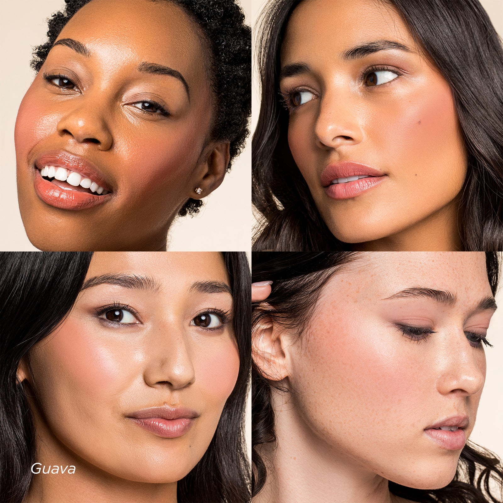 Four women with different skin tones and hairstyles, each labeled 'Guava'.