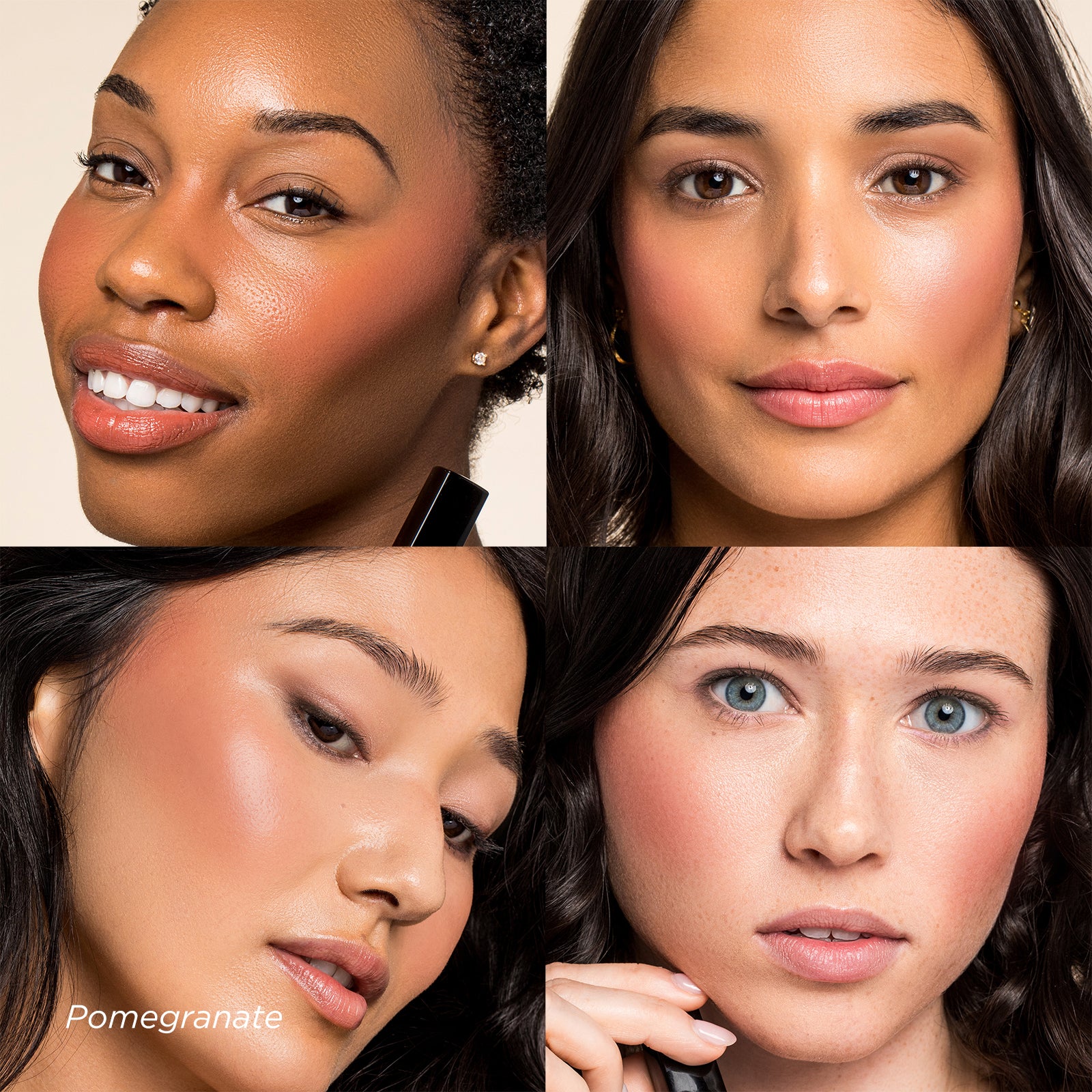 Collage of four women's faces with different skin tones and eye colors.