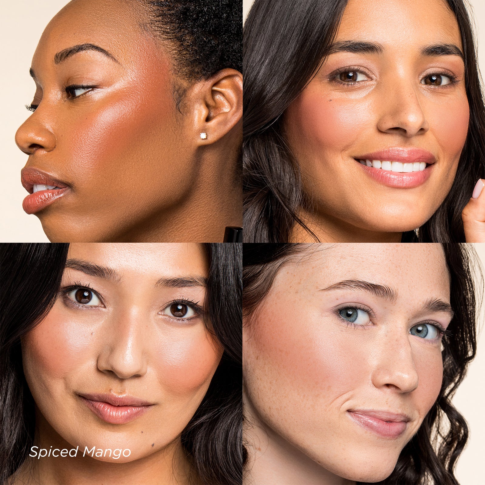 Four women with different skin tones and expressions, labeled 'Spiced Mango'.