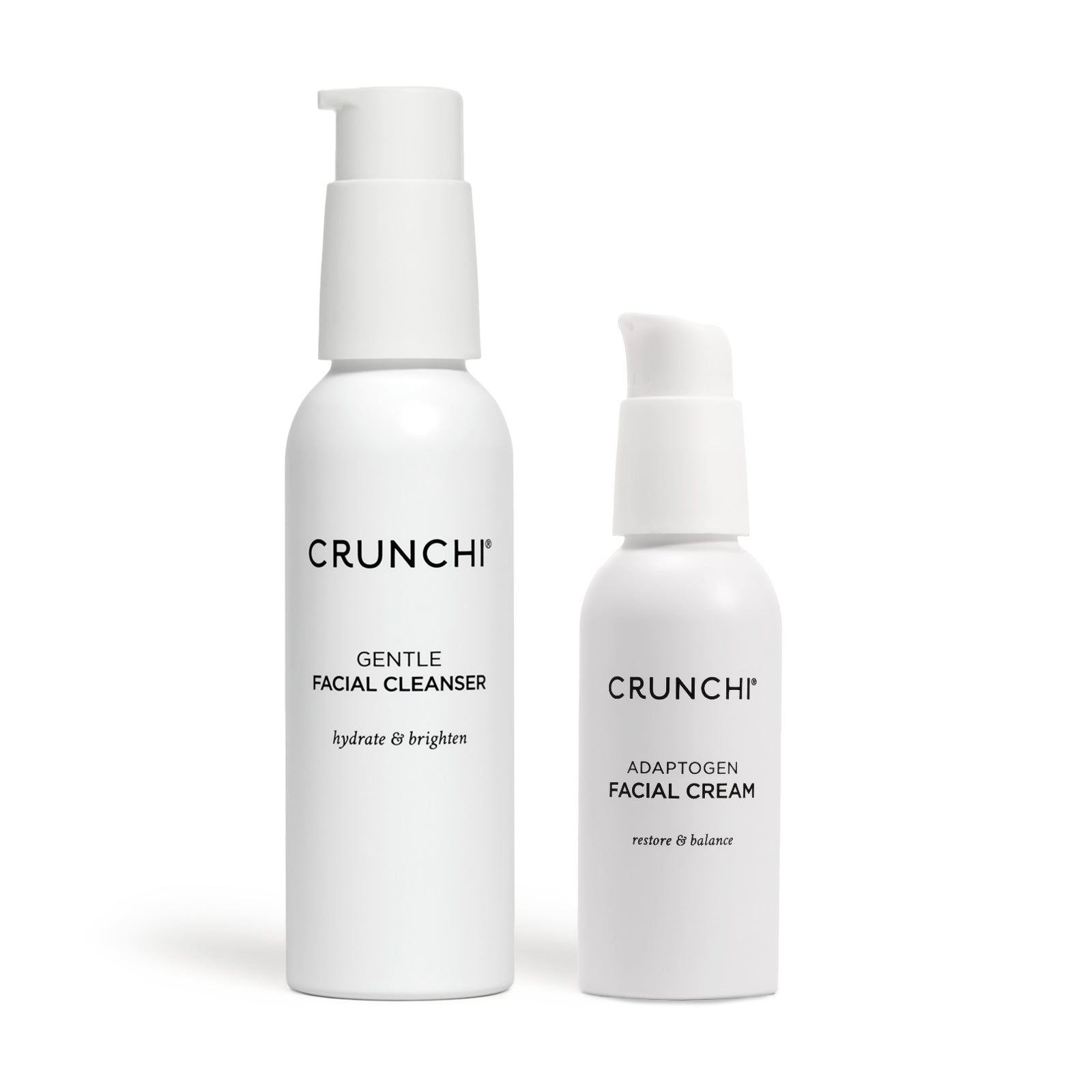 two bottles, genlte facial cleanser and adaptogen facial cream
