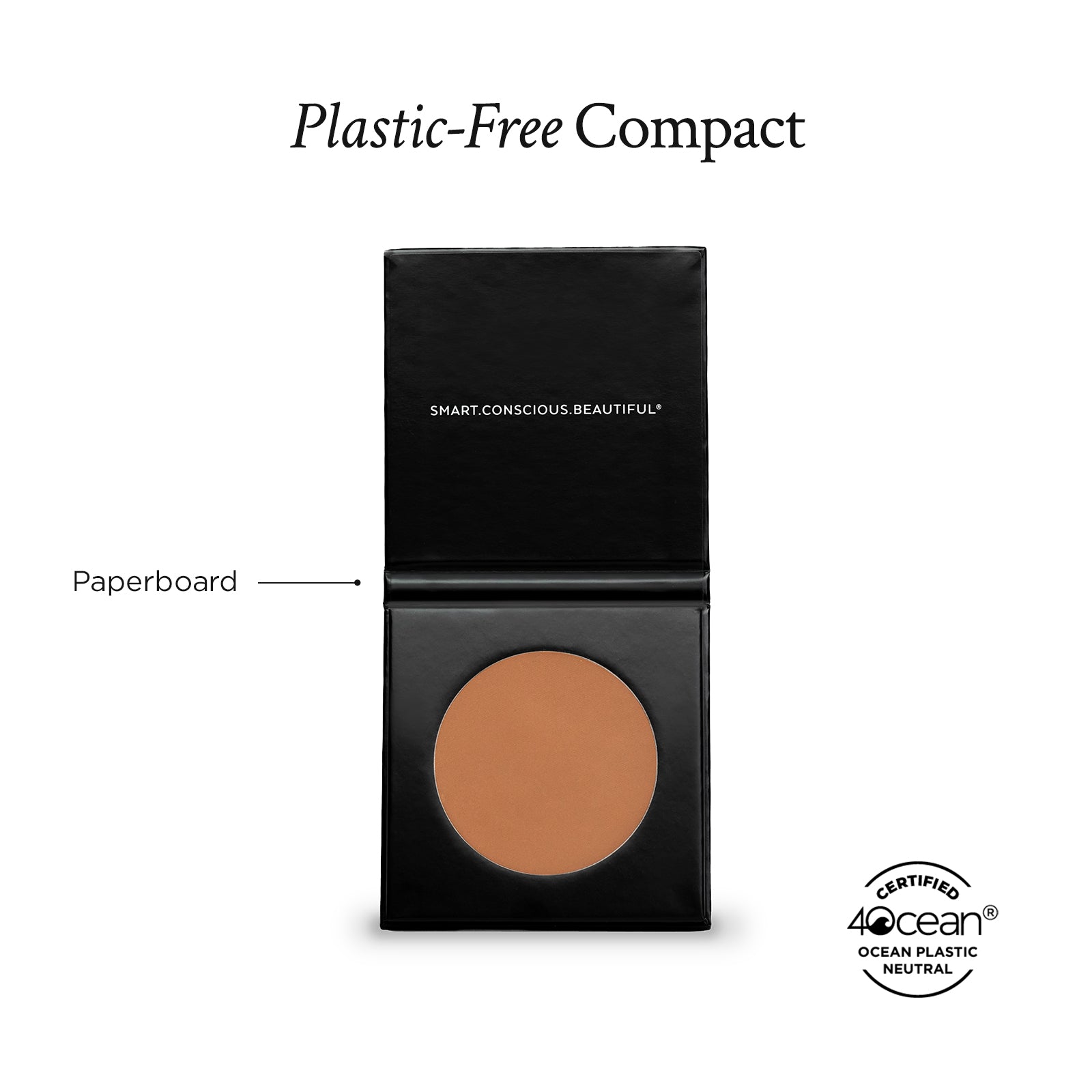 Plastic-free compact with brown powder and black lid on a white background, featuring 4ocean certification.