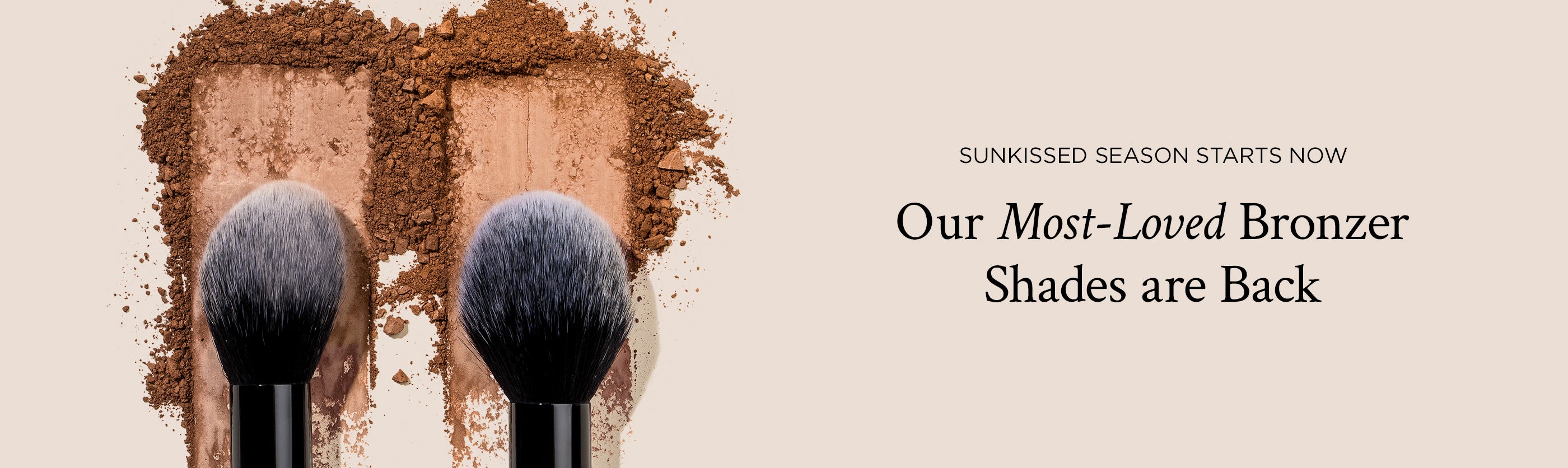 Two makeup brushes with bronzer shades on a beige background, promoting bronzer shades.