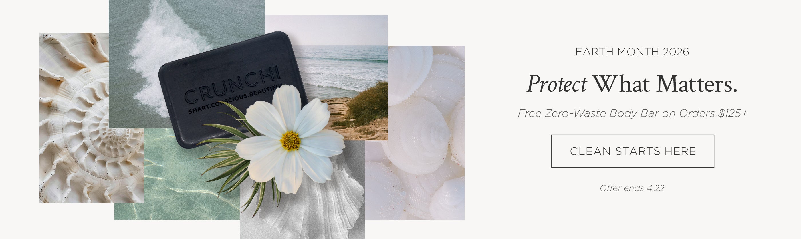 Collage of natural elements with a body bar, flowers, and seashell, promoting Earth Month and a zero-waste product offer. - free bar on orders $125+