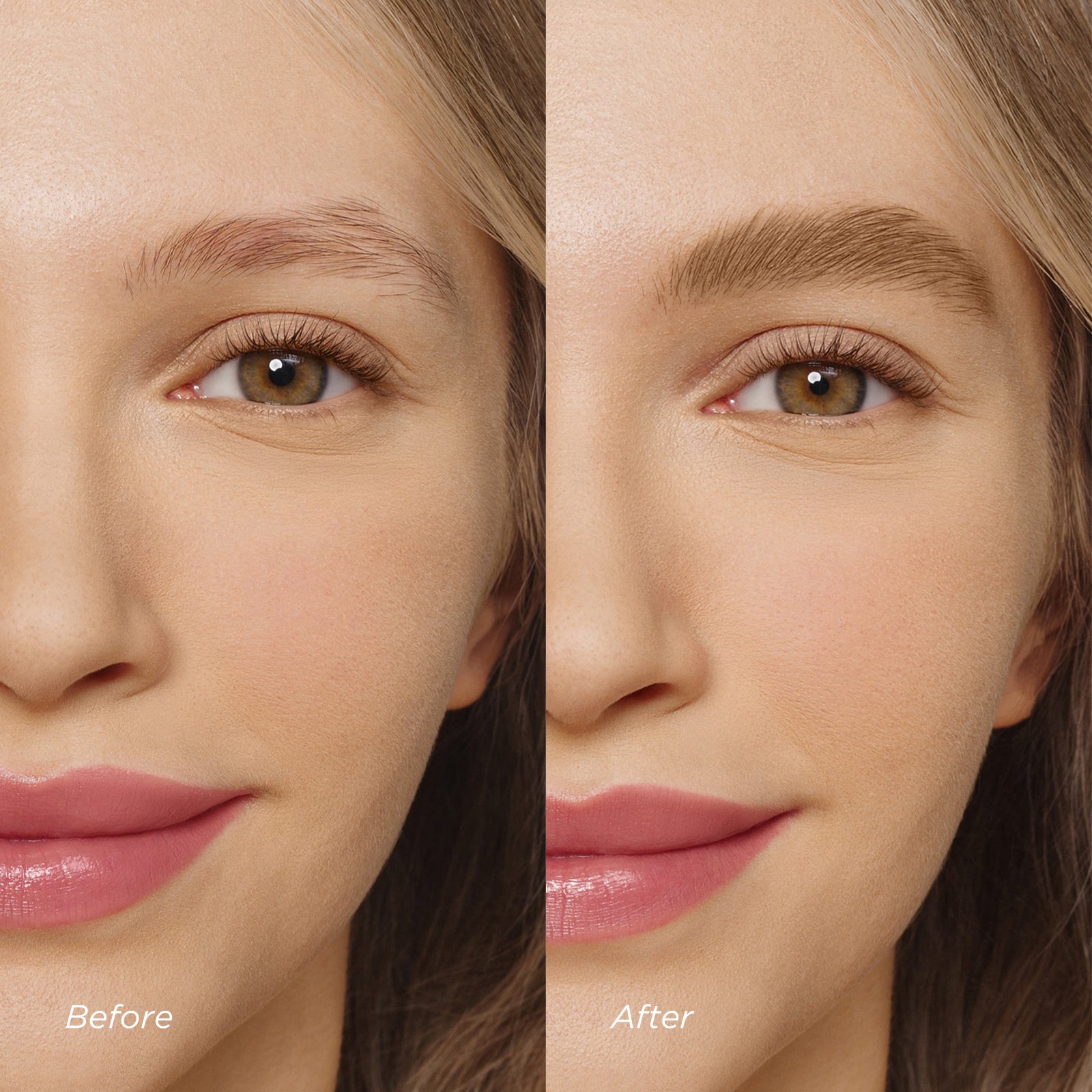 Before and after comparison of a woman's face with makeup application.