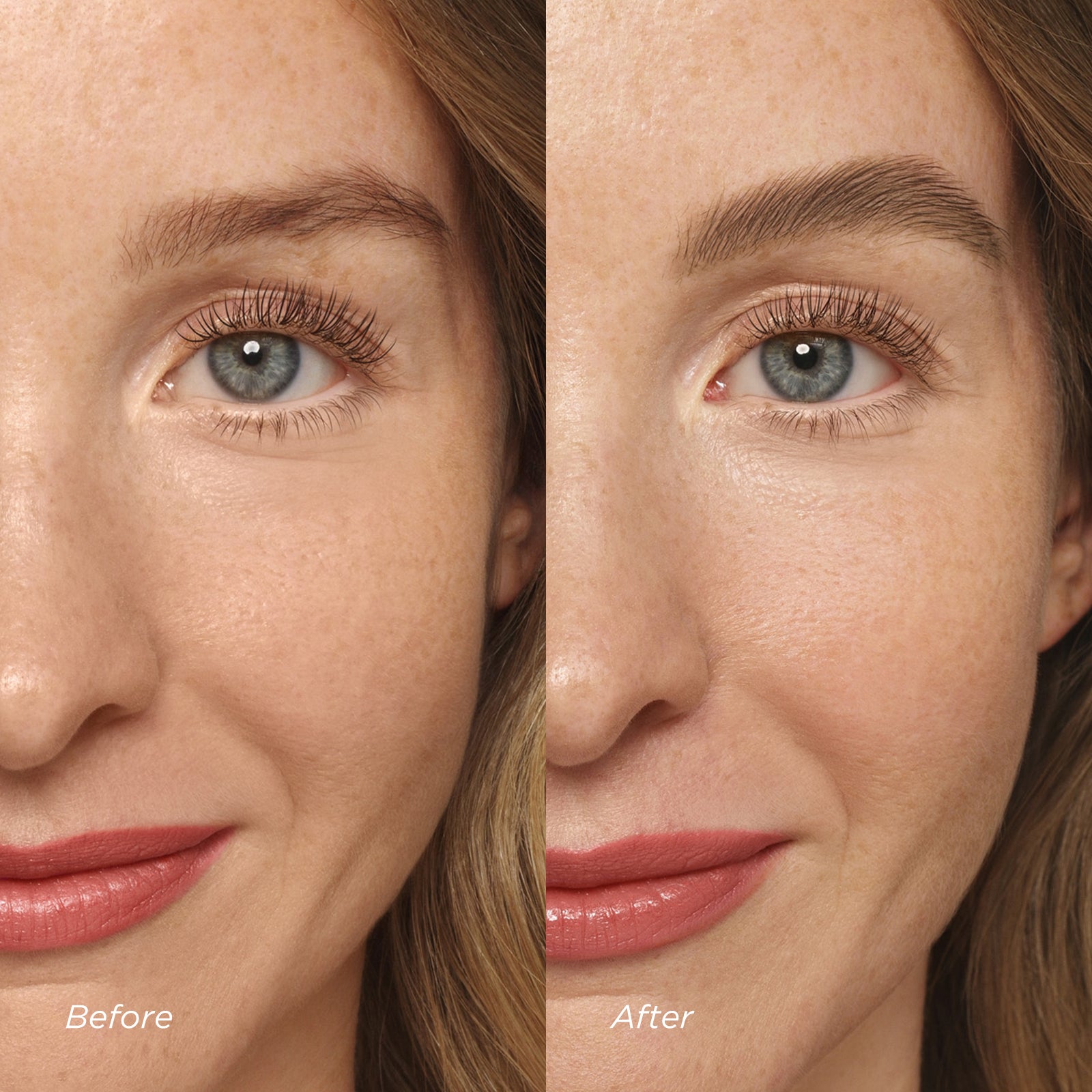 Before and after comparison of a woman's face with visible skin texture differences.