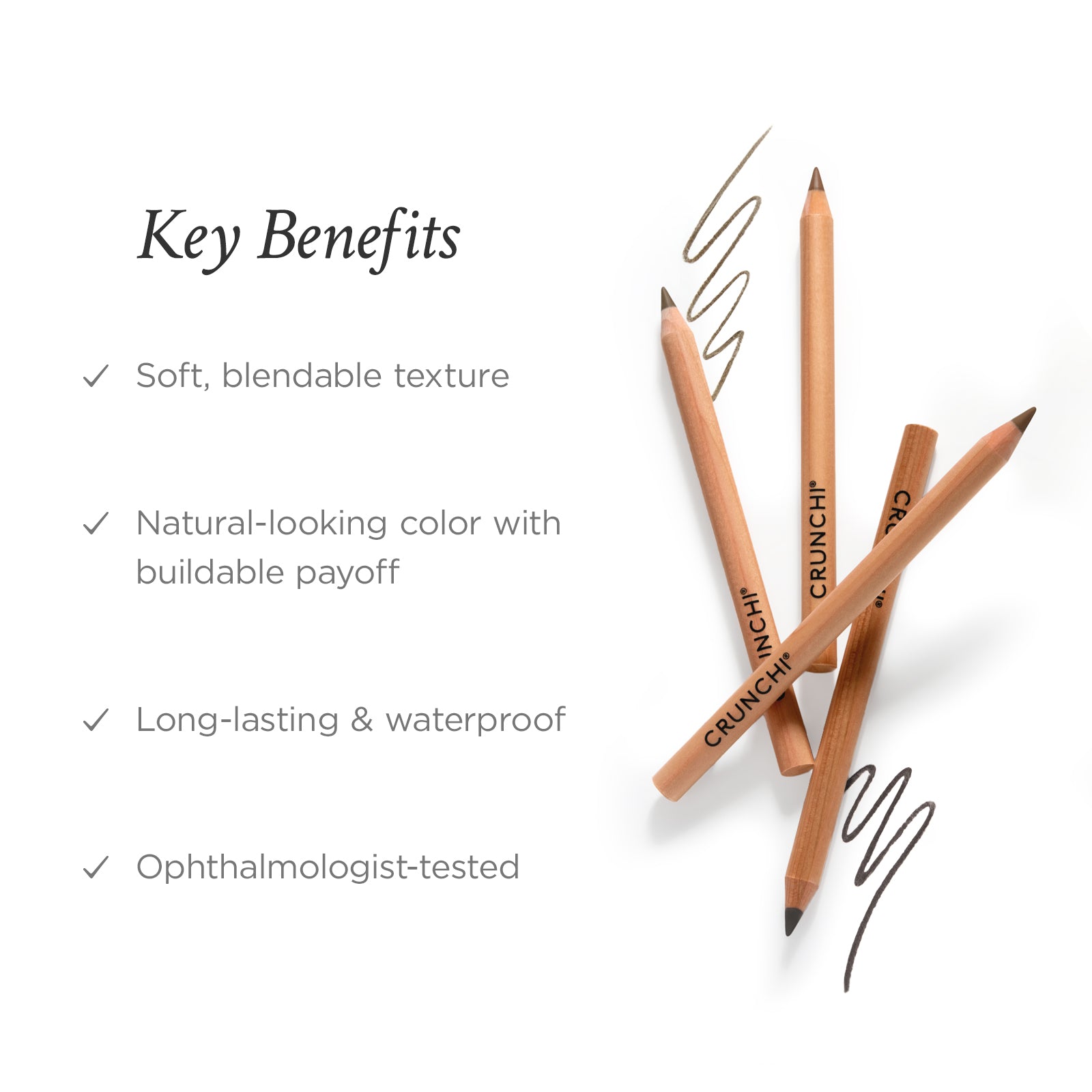 CRUNCHY lip liner pencils with key benefits listed on a white background