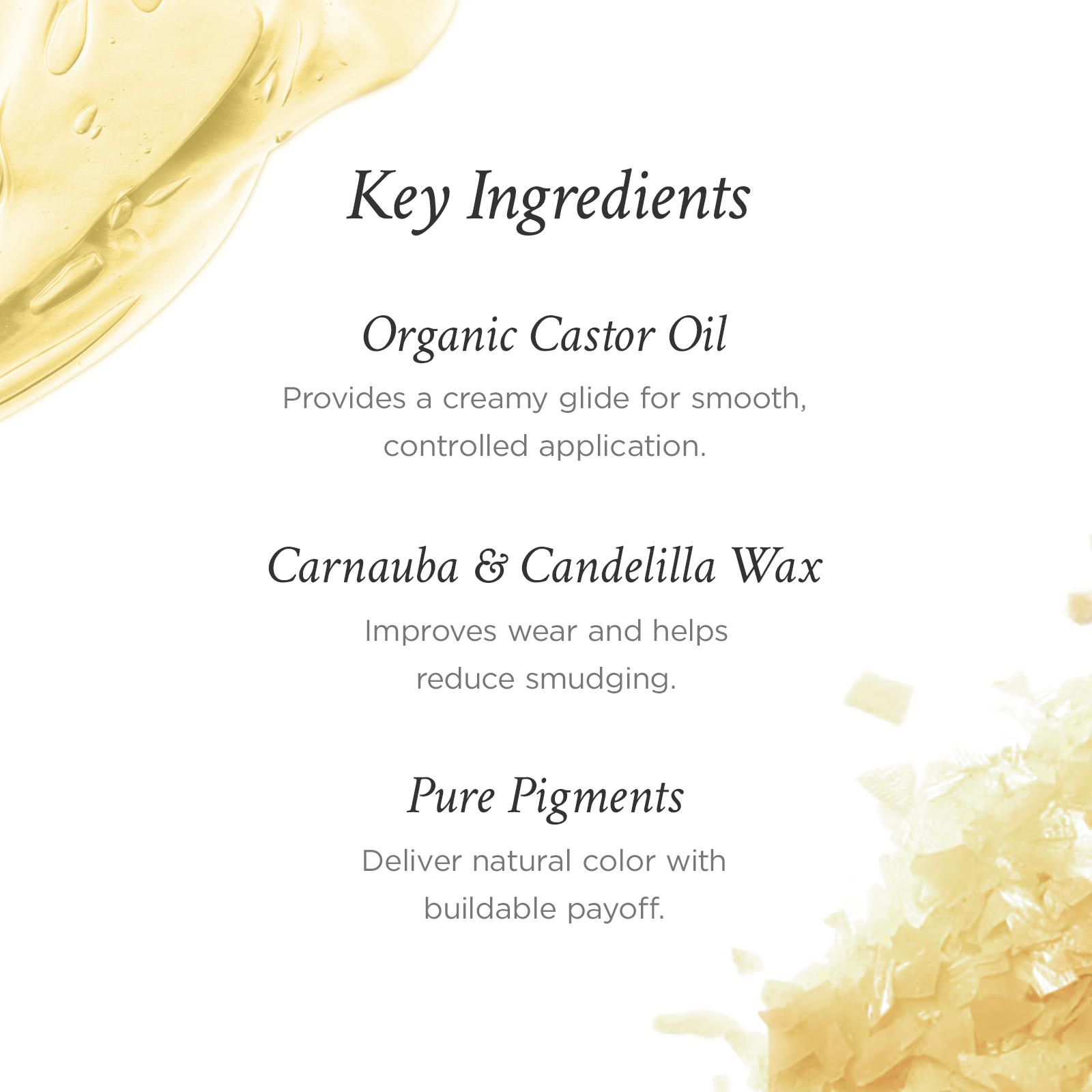 List of key ingredients with organic castor oil, carnauba & candelilla wax, and pure pigments on a white background.
