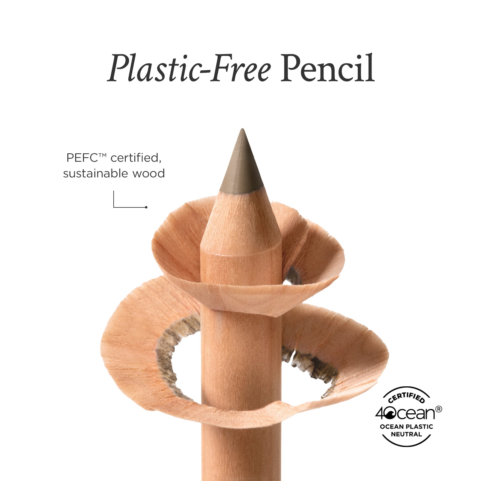 Plastic-free pencil made of sustainable wood with a PEFC certified label on a white background.