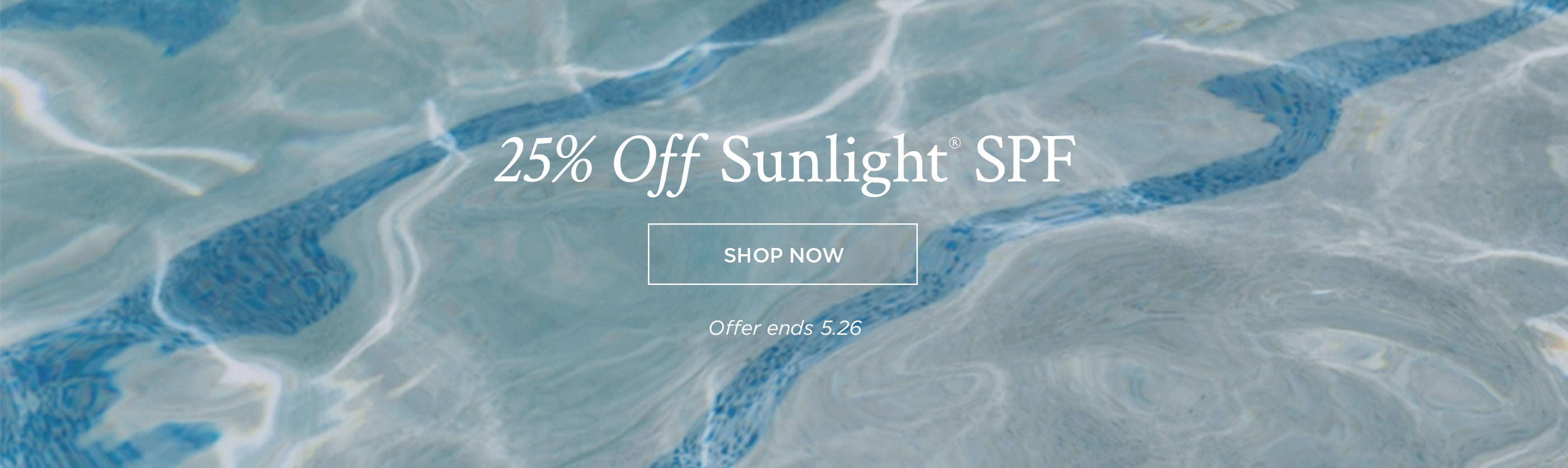 Promotional text overlay on a natural stone background with water patterns. 25% off SPF