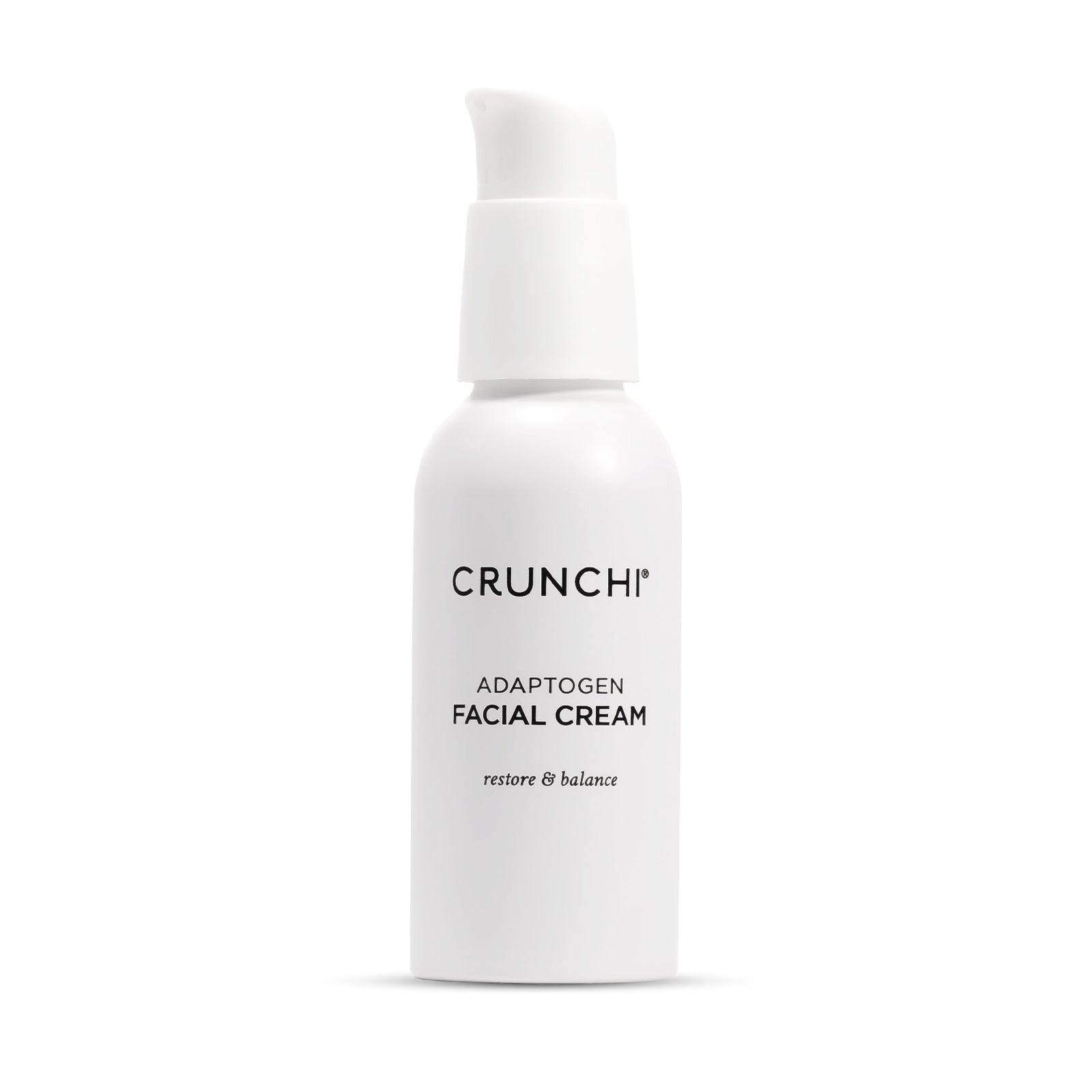 White facial cream bottle labeled 'Crunchi' on a white background