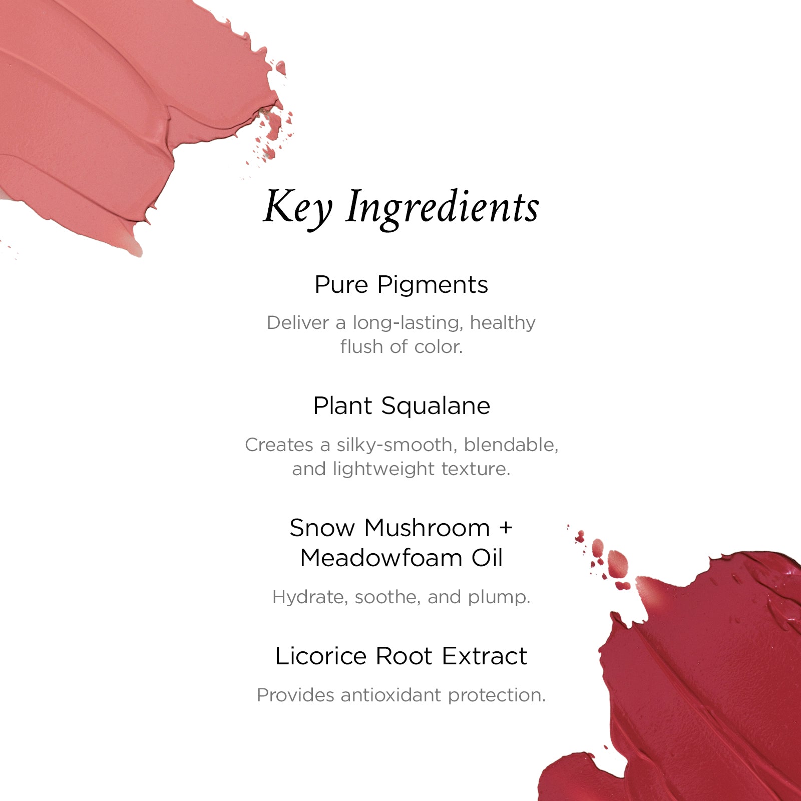 List of key ingredients with liquid blush swatches on a white background