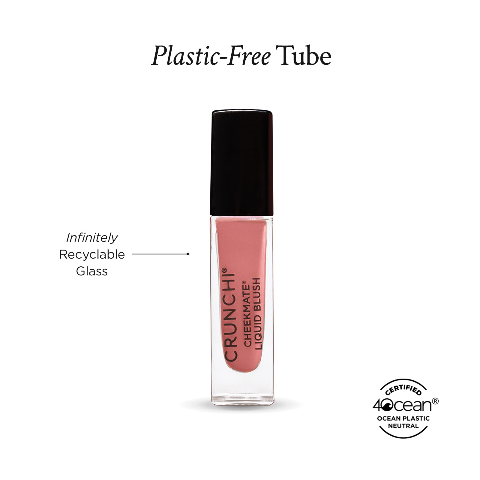 Lip liquid blush with 'Plastic-Free Tube' text and 4ocean certification logo on a white background