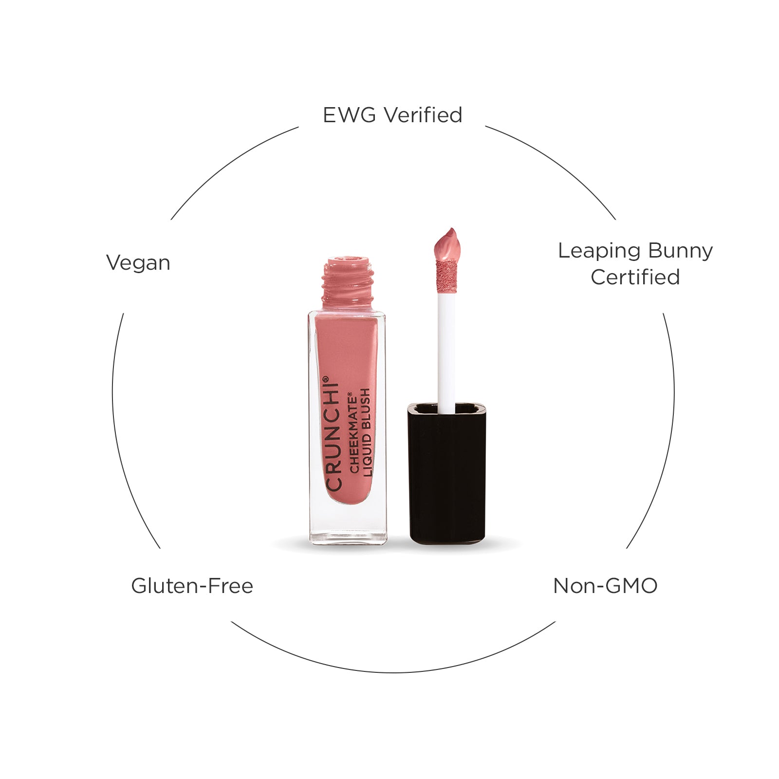 Liquid blush with certification labels on a white background