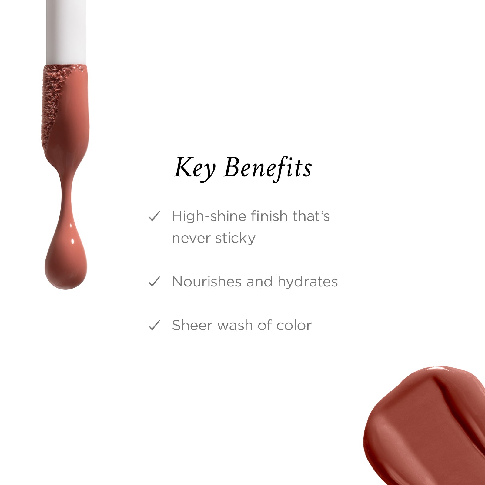 Lip oil with key benefits listed on a white background