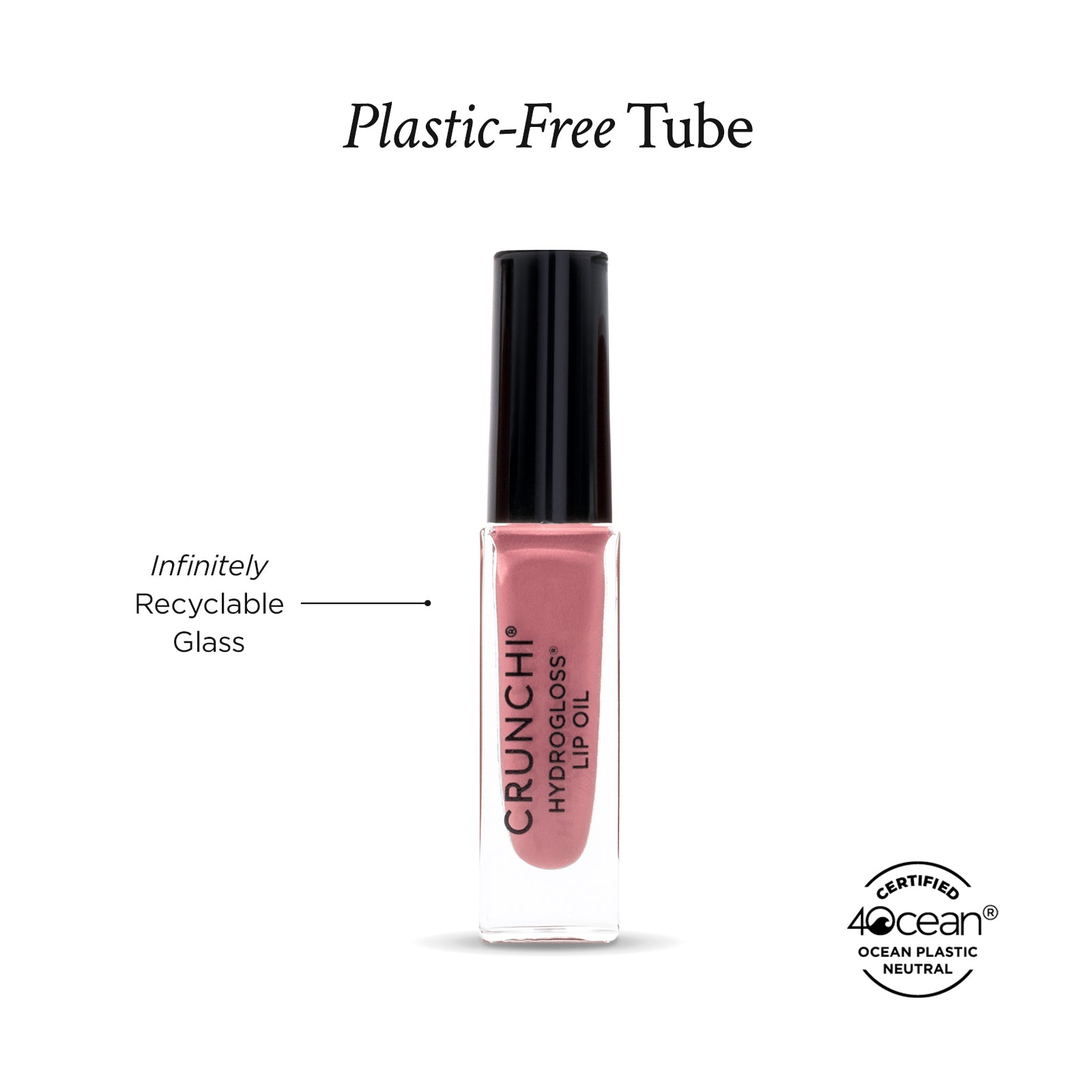 Lip oil bottle on a white background, featuring '4ocean' certification, plastic-free tube and recyclable glass packaging.