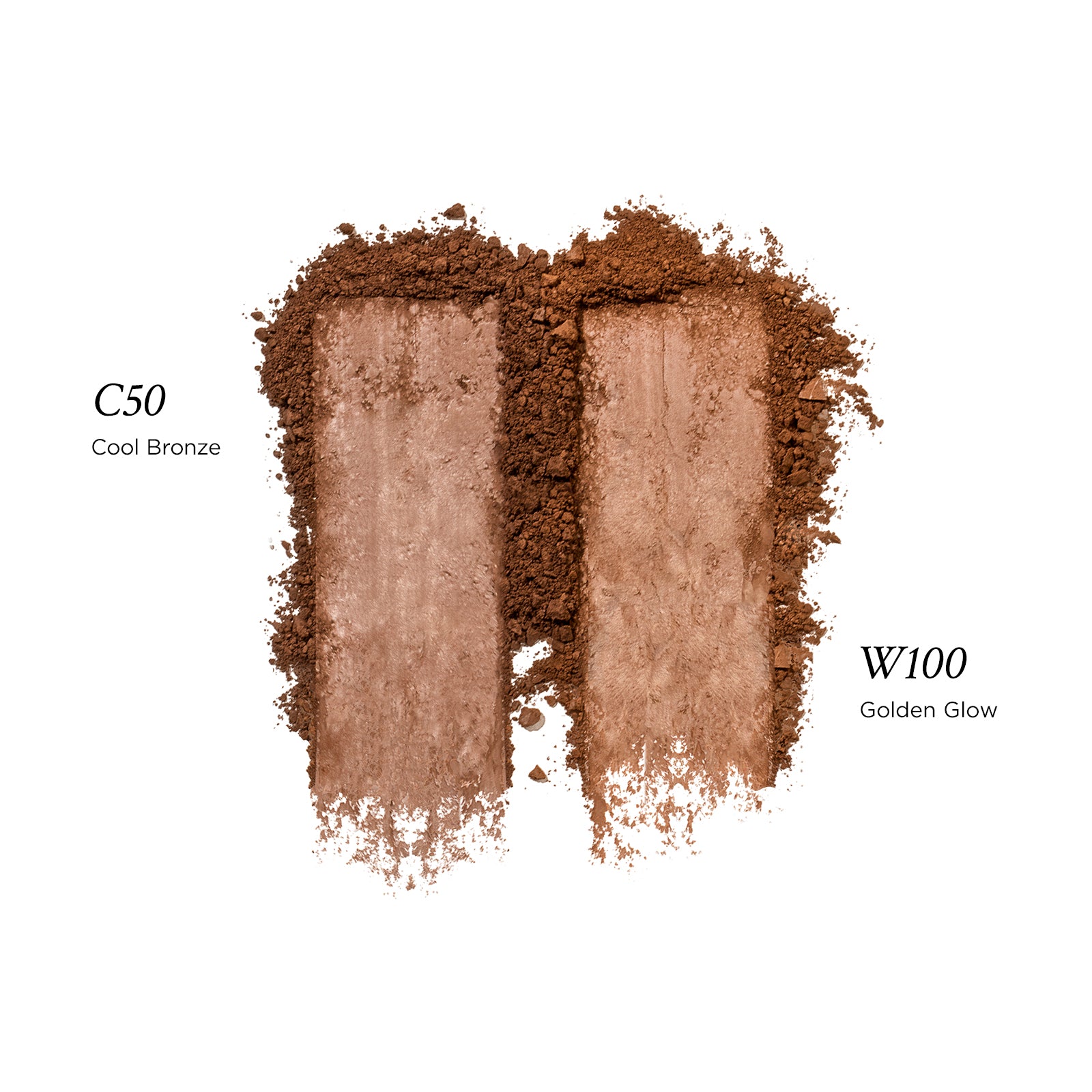 Two shades of brown makeup powder labeled 'C50 Cool Bronze' and 'W100 Golden Glow' on a white background.