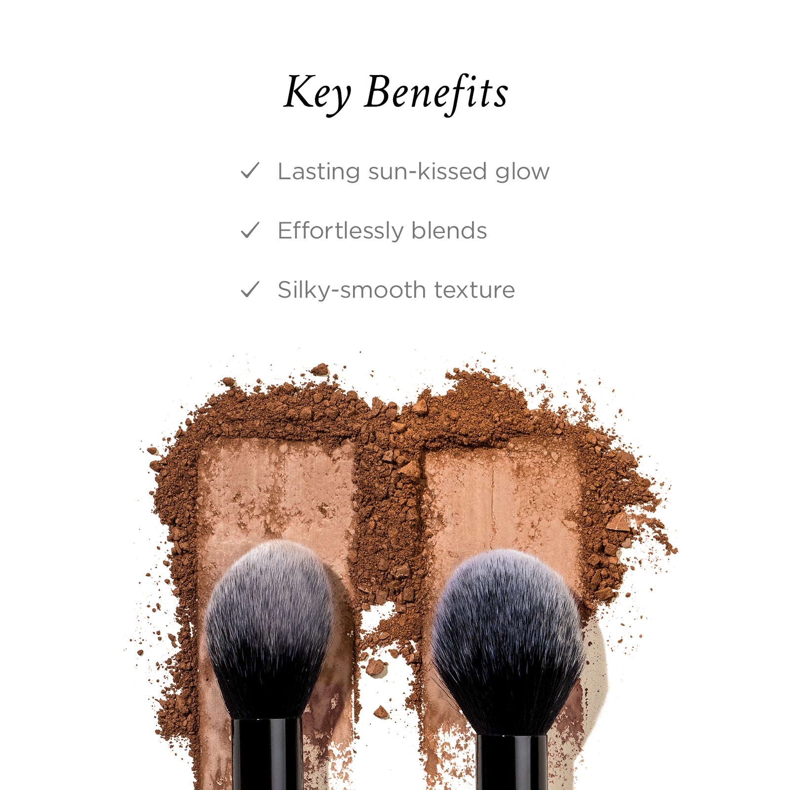 Makeup products with brushes and key benefits listed on a white background