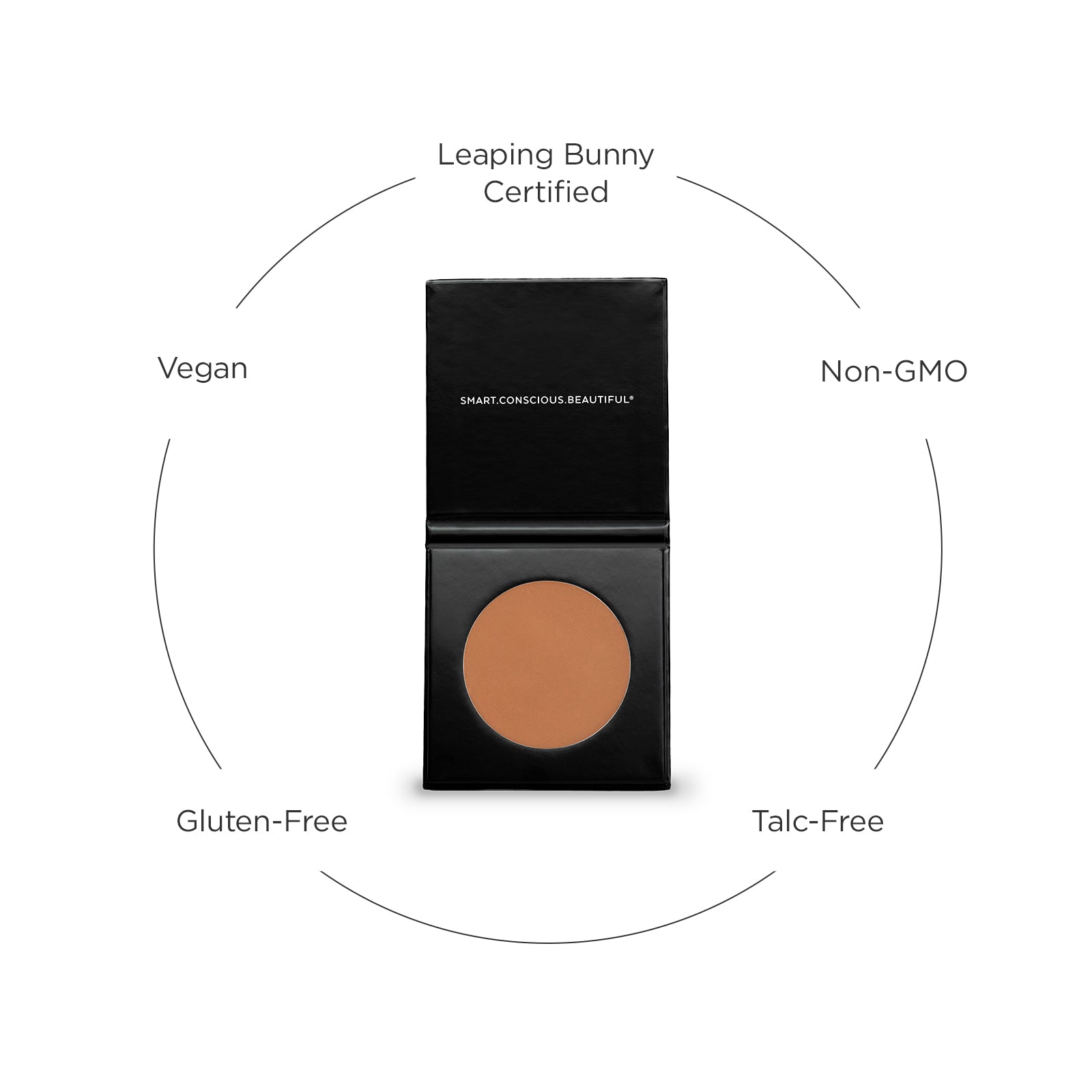 Cosmetic compact with brown shade on a white background, surrounded by certification labels.