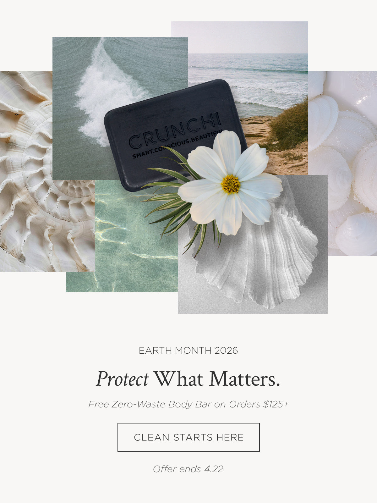Collage of natural elements with a body bar, flowers, and seashell, promoting Earth Month and a zero-waste product offer. - free bar on orders $125+