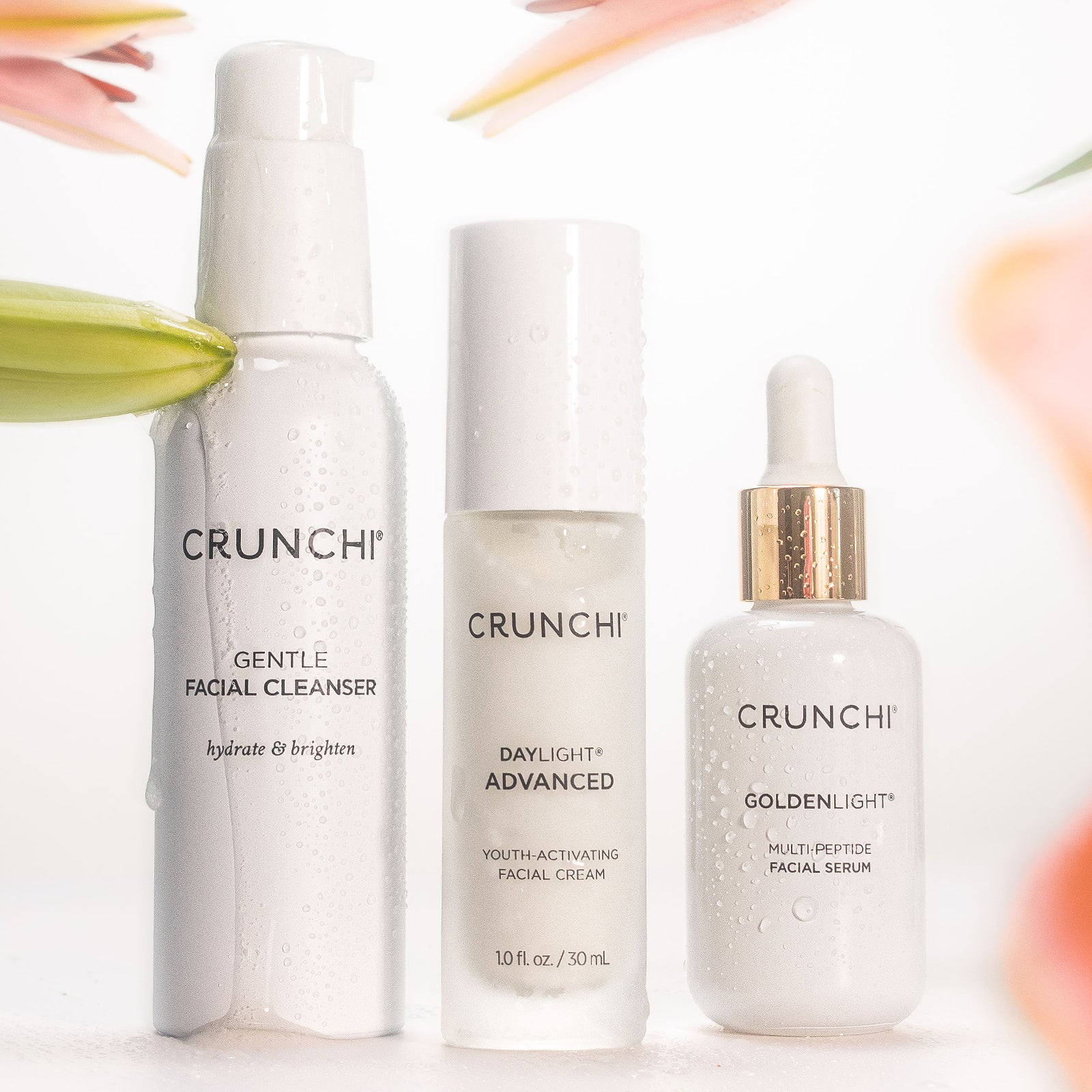 Three Crunchi skincare products on a white background