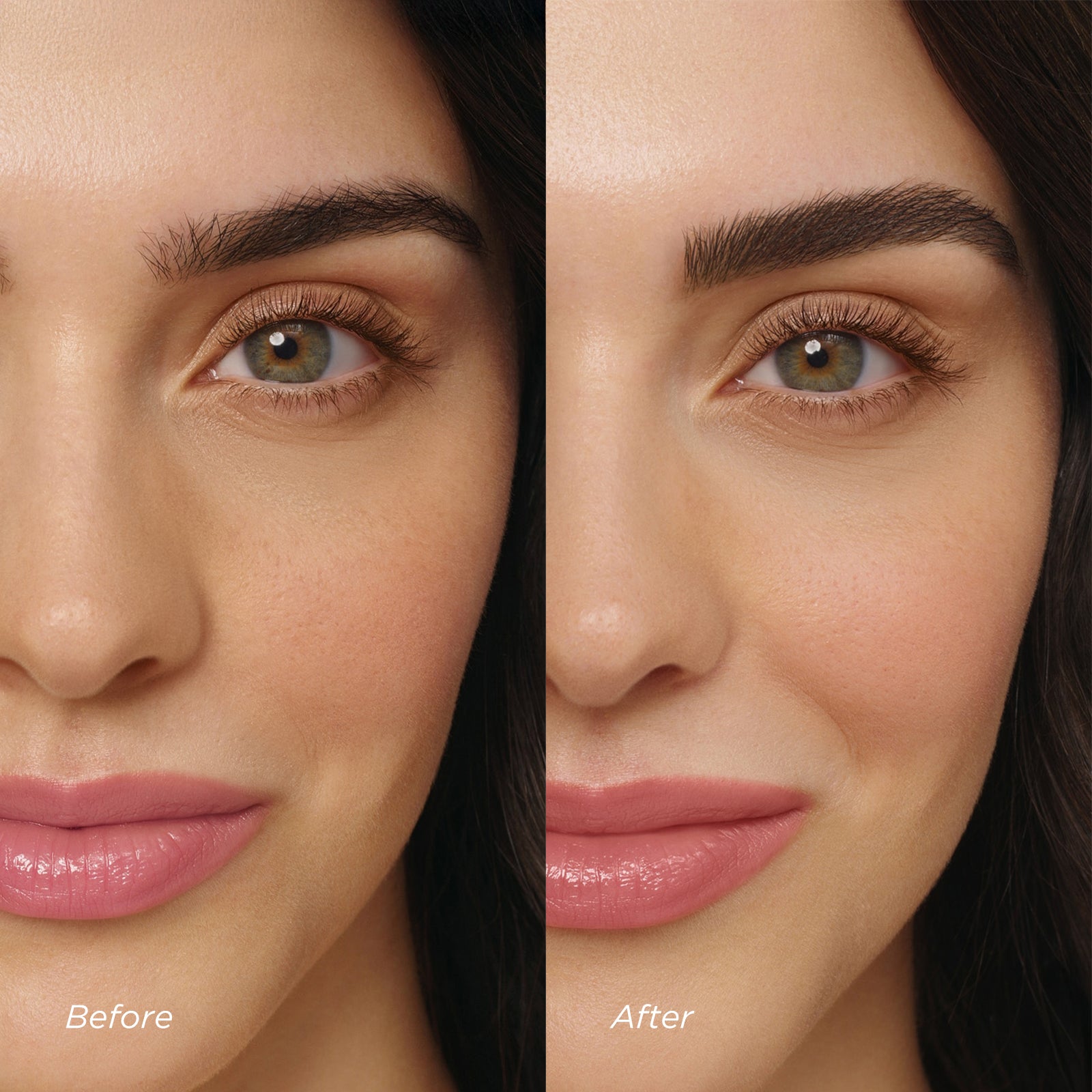Before and after comparison of a woman's face with makeup application.