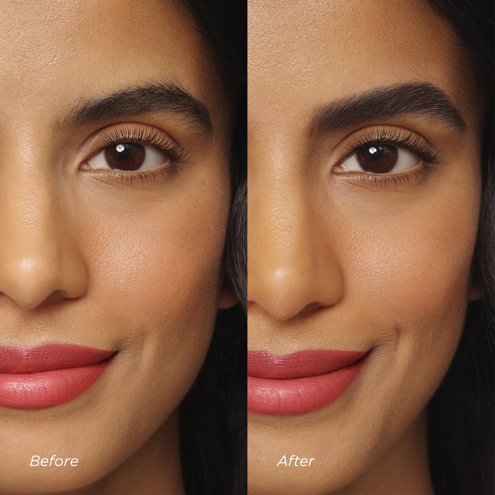 Before and after comparison of a woman's face with makeup application.