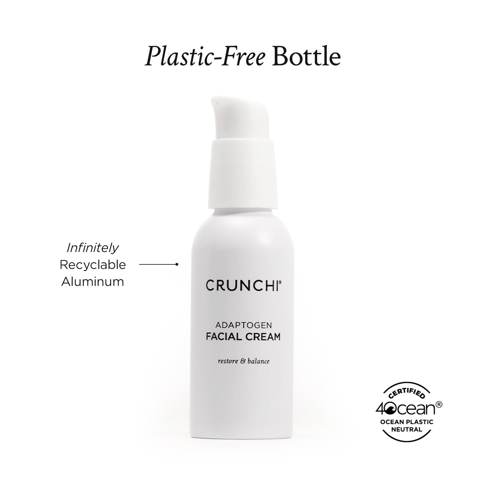 CRUNCHI facial cream bottle with 'Plastic-Free Bottle' text and 4ocean certification logo on a white background