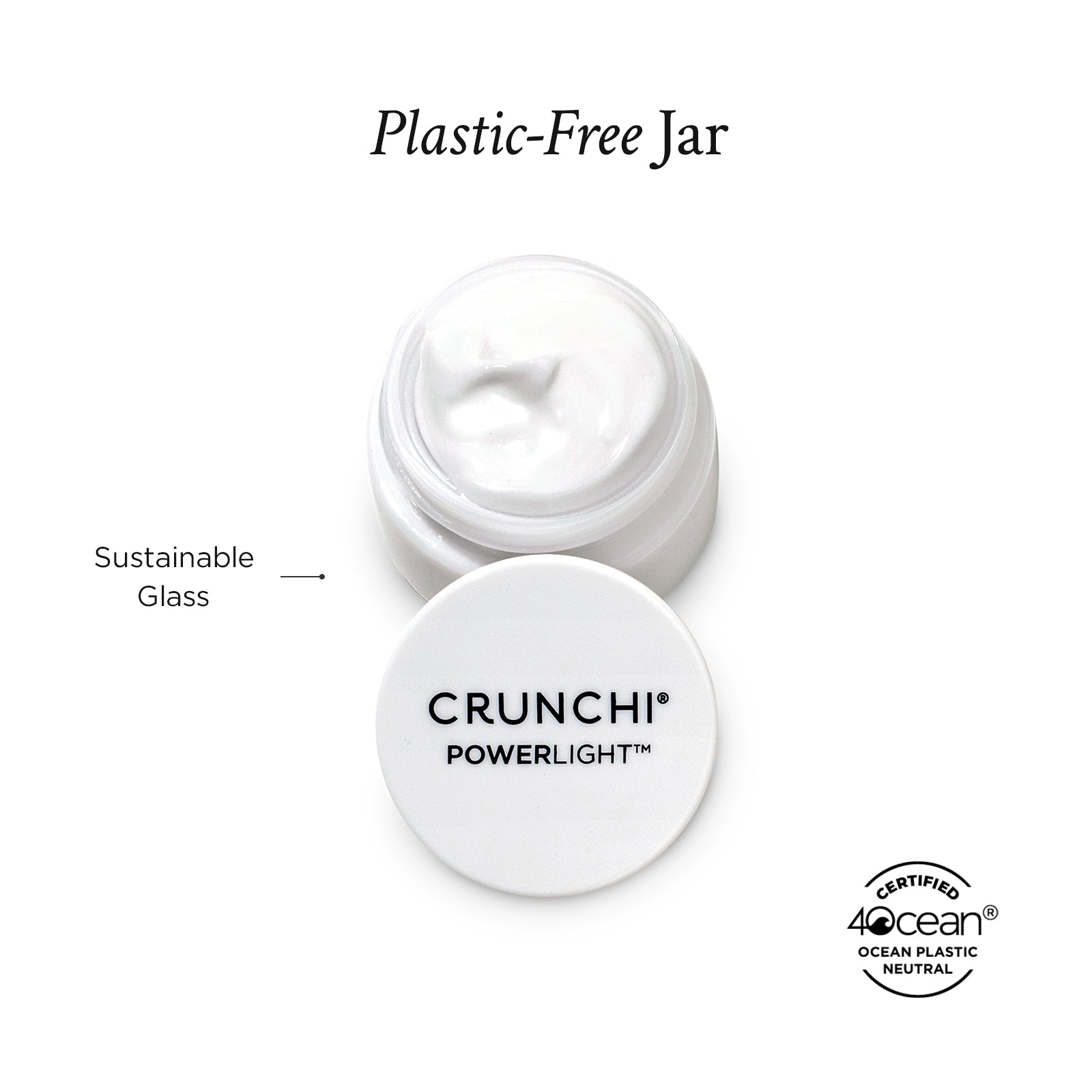 CRUNCHI POWERLIGHT jar with open lid on a white background, featuring 'Plastic-Free Jar' text.
