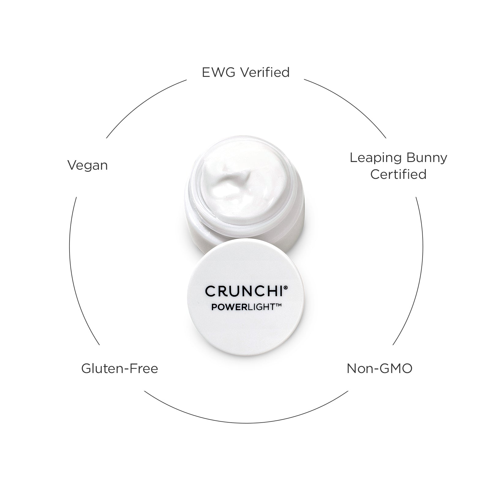 CRUNCHI Powerlight cream jar with certification labels on a white background