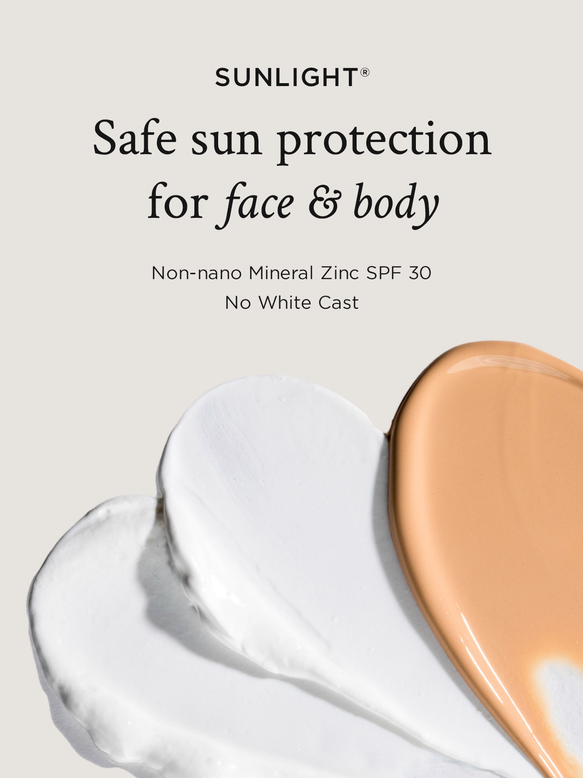 Sunlight safe sun protection for face and body with two shades of cream on a light background.